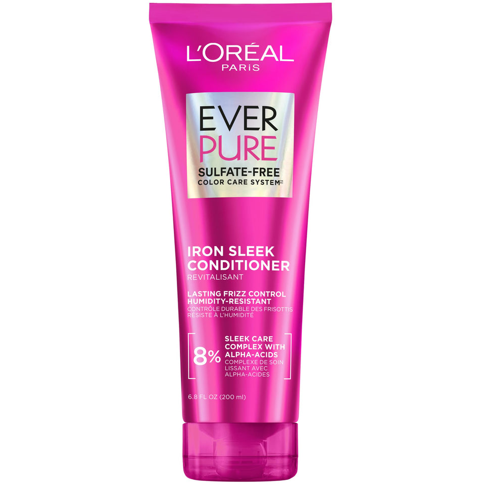 L'Oreal Paris bottle front view showing EverPure Iron Sleek branding and benefits