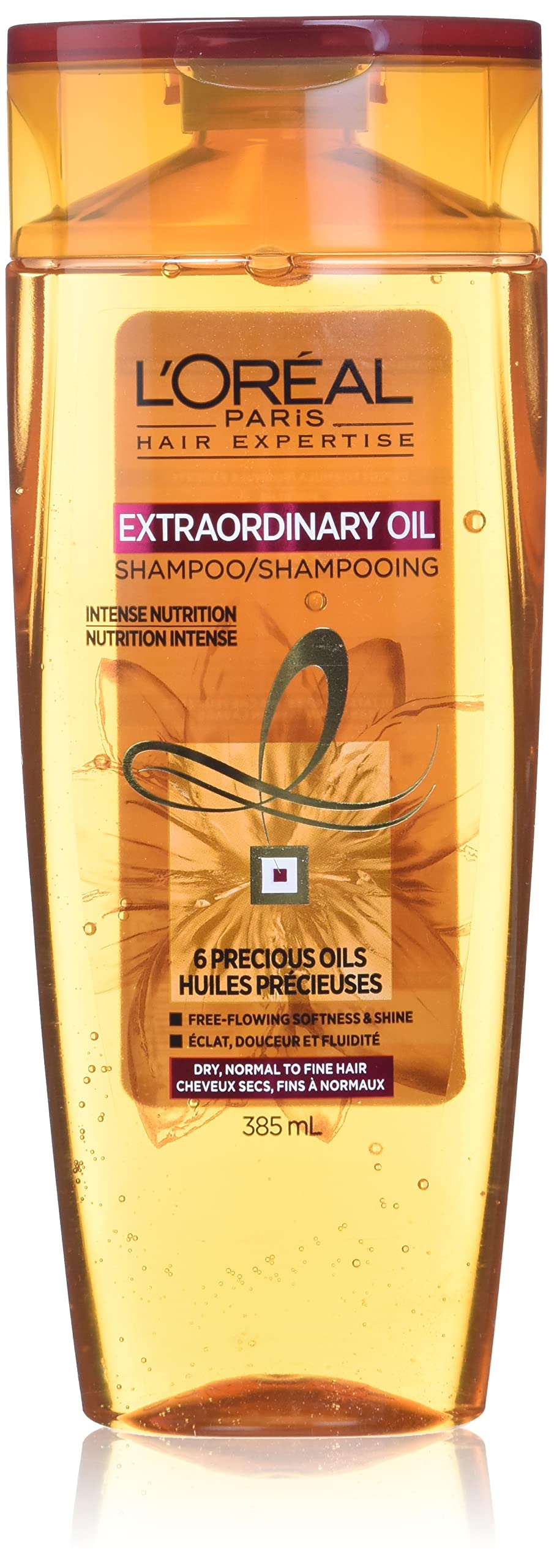 L'Oreal Paris front packaging showing nourishing shampoo benefits and size