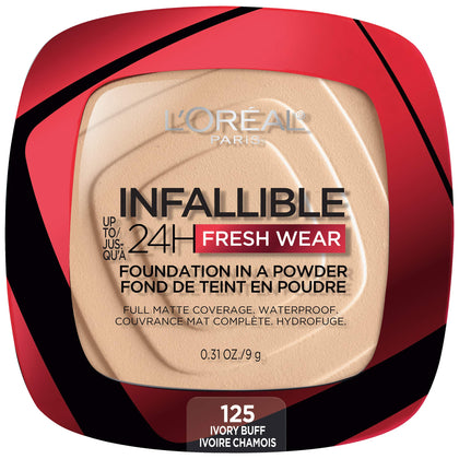 L'Oreal Paris compact front view showing packaging and shade name, easy identification benefit