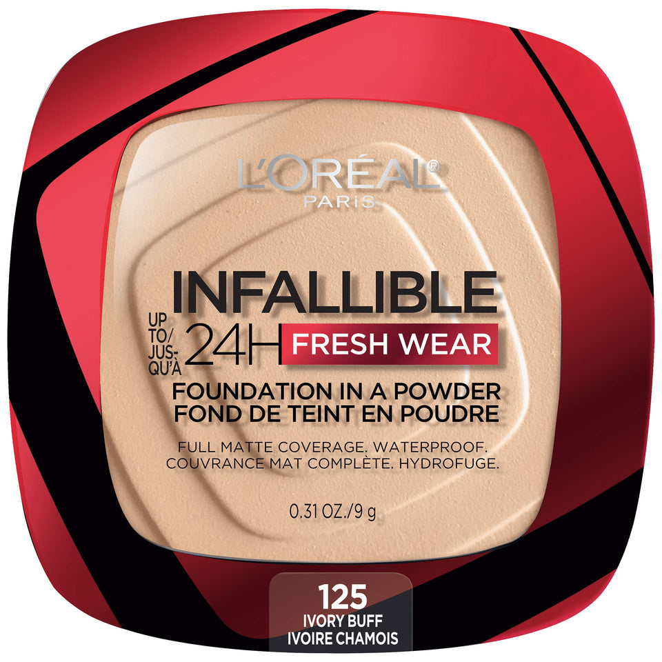 L'Oreal Paris compact front view showing packaging and shade name, easy identification benefit