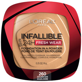 L'Oreal Paris powder compact front view showing sleek packaging and portability benefit