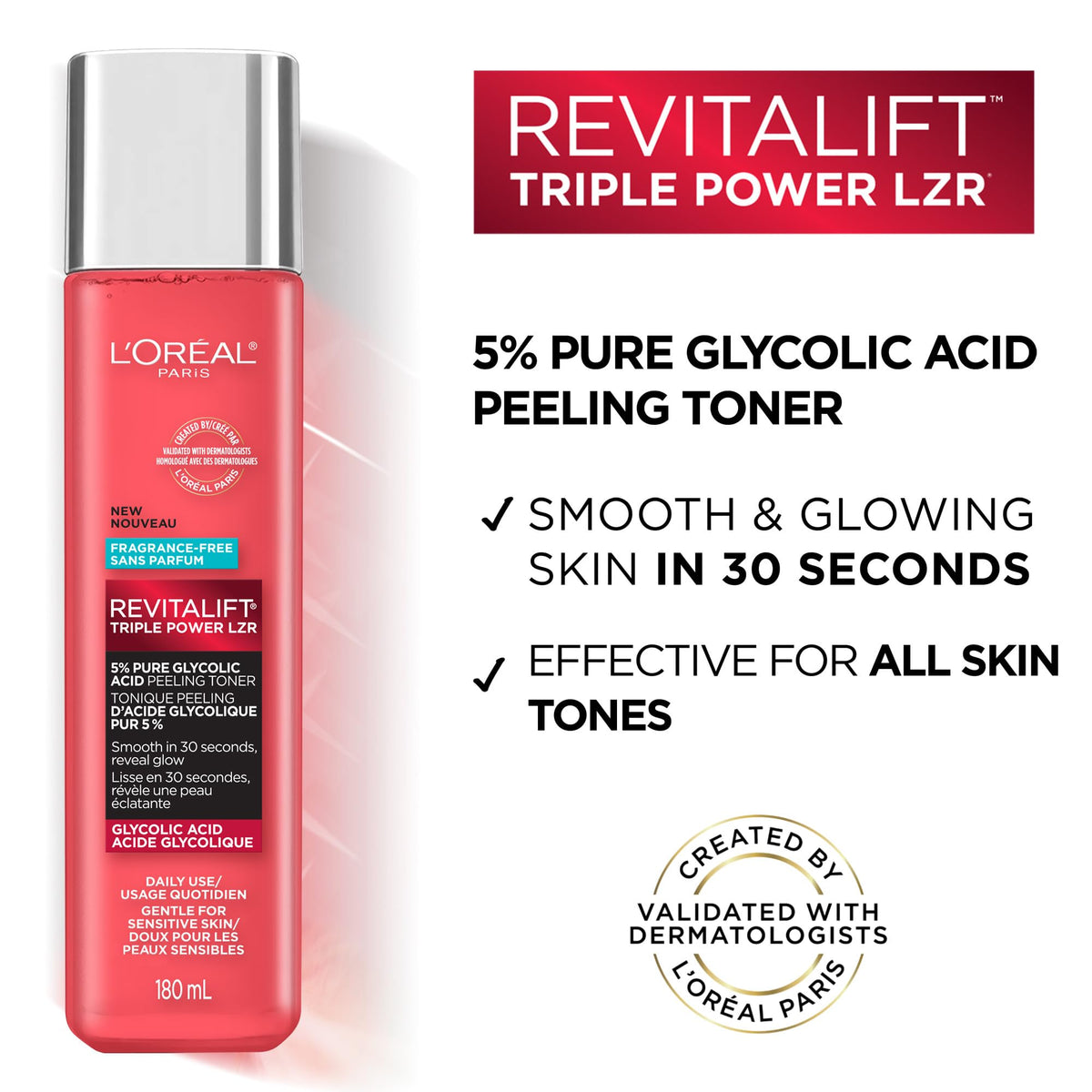 L'Oreal Paris label close-up highlighting 5% pure glycolic acid benefit
