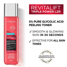 L'Oreal Paris label close-up highlighting 5% pure glycolic acid benefit