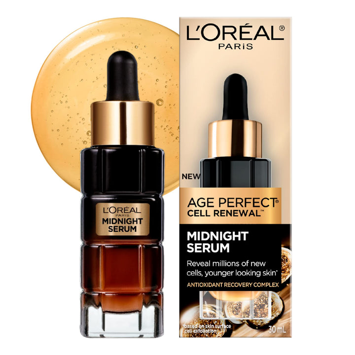 L'Oreal Paris pump bottle showing serum texture and overnight renewal benefit