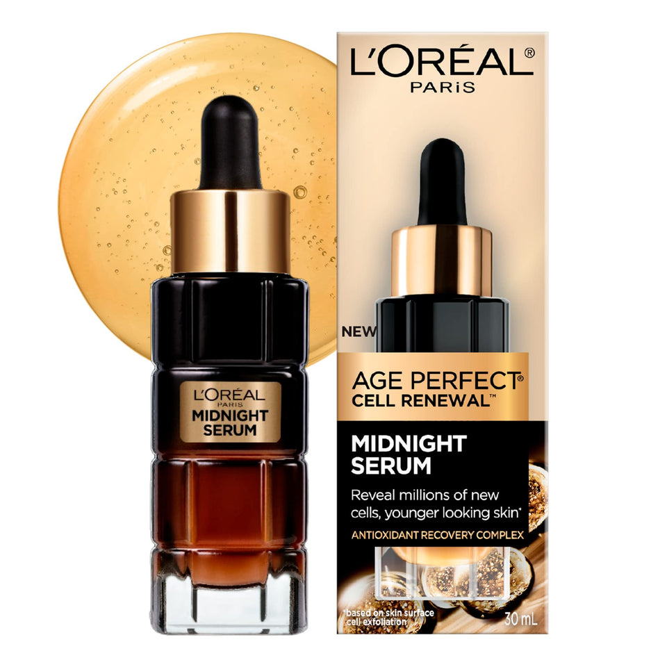 L'Oreal Paris pump bottle showing serum texture and overnight renewal benefit