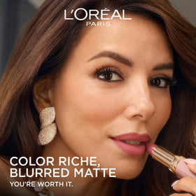 L'Oreal Paris Blurred Matte lifestyle flatlay with product and makeup tools for routine