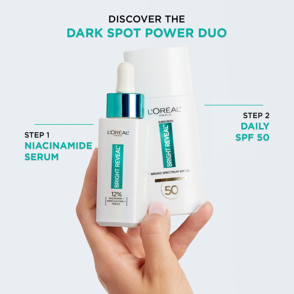 L'Oreal Paris comparison scale of facial before and after, emphasizes visible spot reduction