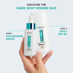 L'Oreal Paris comparison scale of facial before and after, emphasizes visible spot reduction