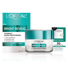 L'Oreal Paris front packaging showing moisturizer jar and branding for brightening