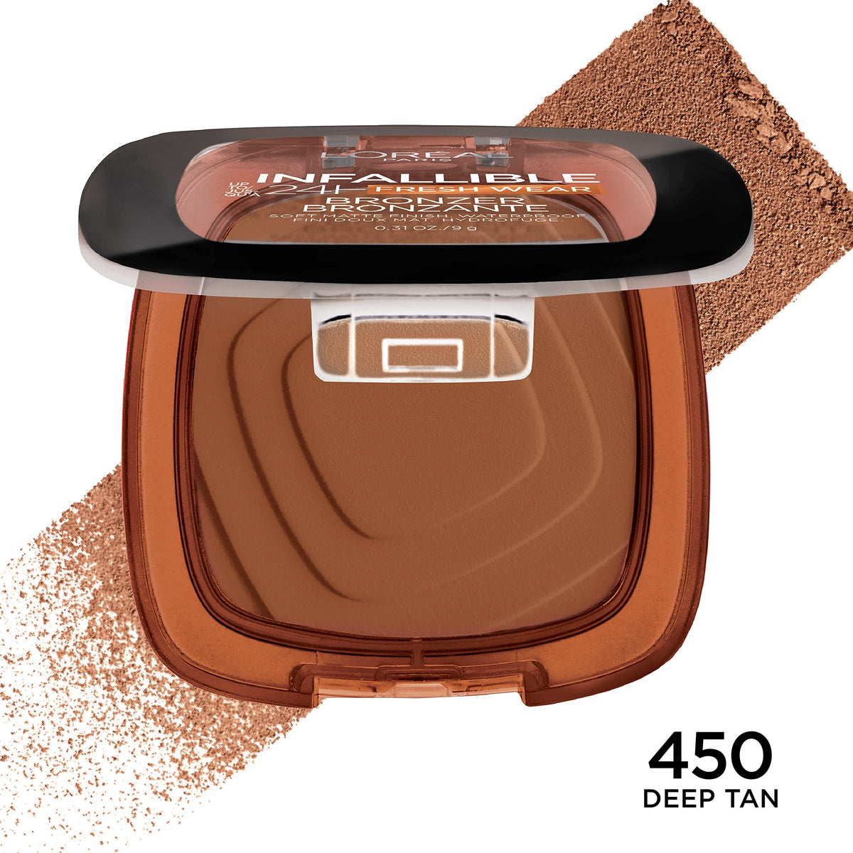 L'Oreal Paris bronzer swatch on arm in Deep Tan displaying buildable warm color payoff