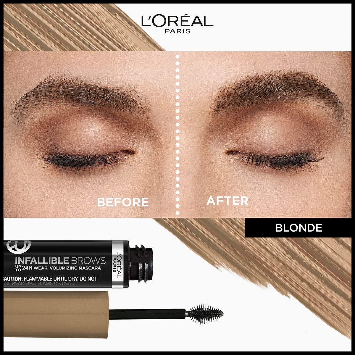 L'Oreal Paris wand and 3D micro-grip brush close-up showing precise hair capture benefit