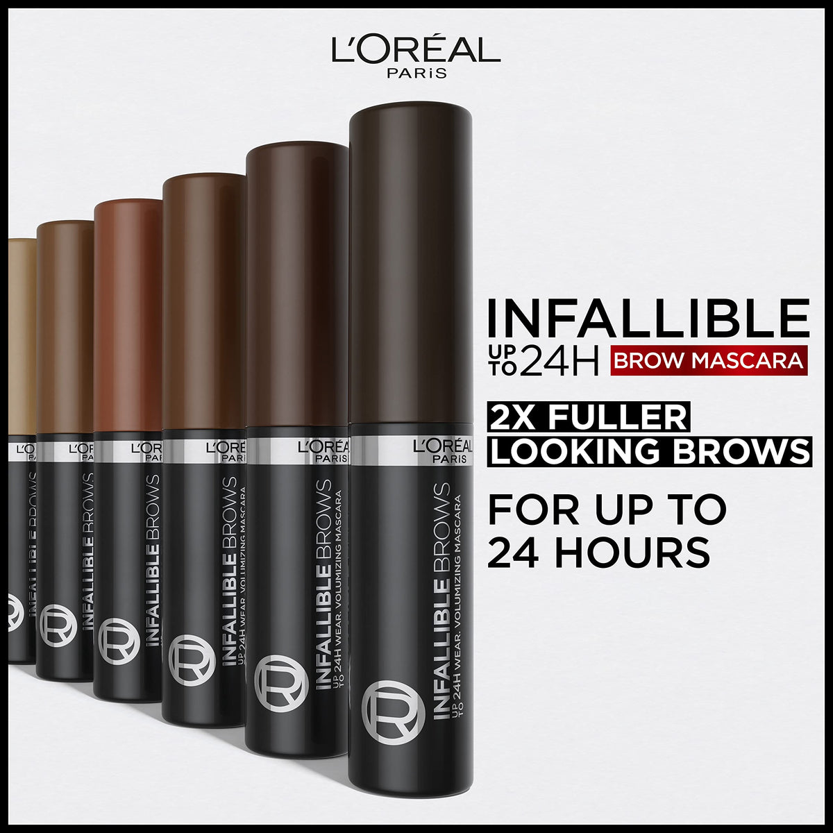 L'Oreal Paris brow mascara texture swipe illustrating fiber-charged buildable coverage