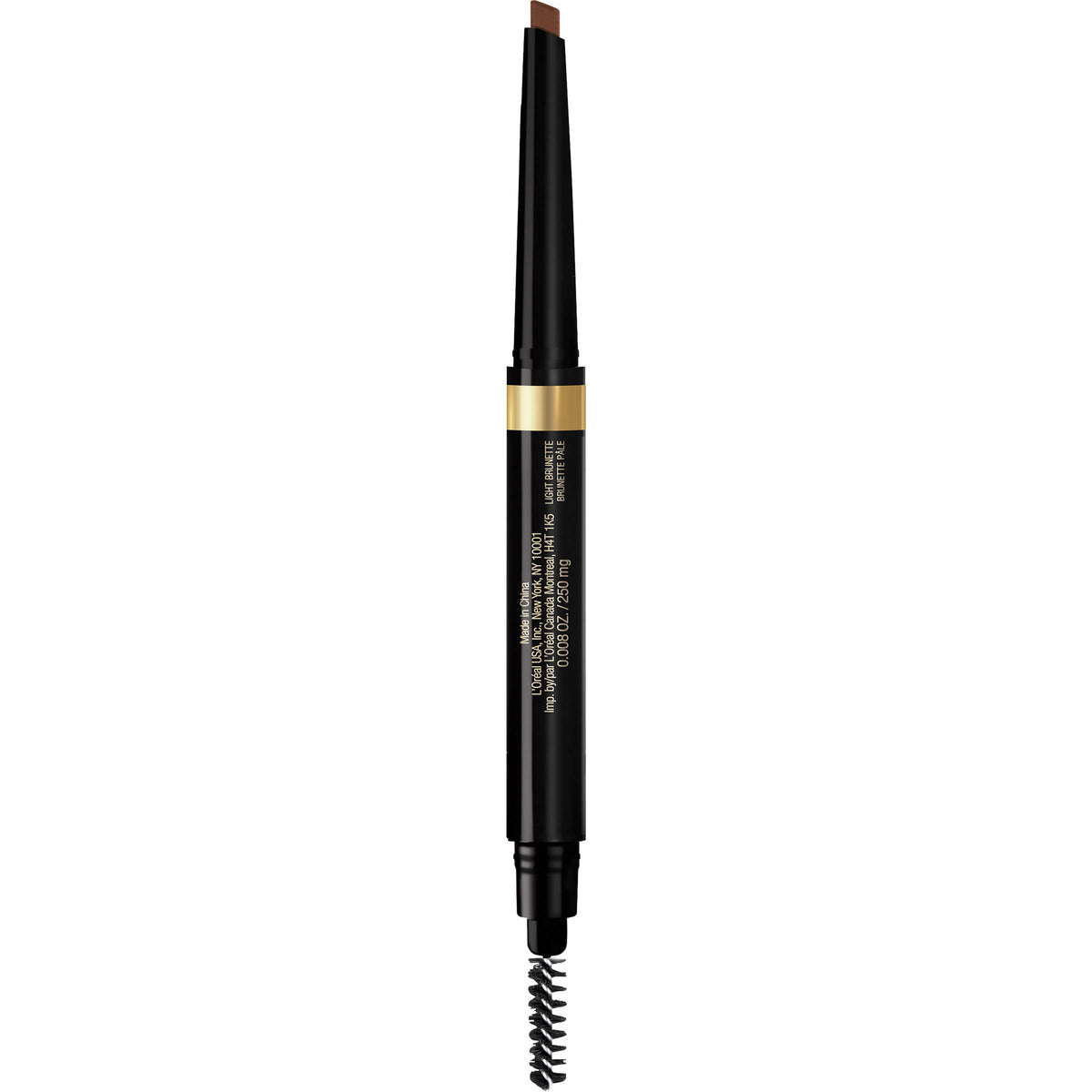 L'Oreal Paris pencil front view showing compact design and spoolie benefit