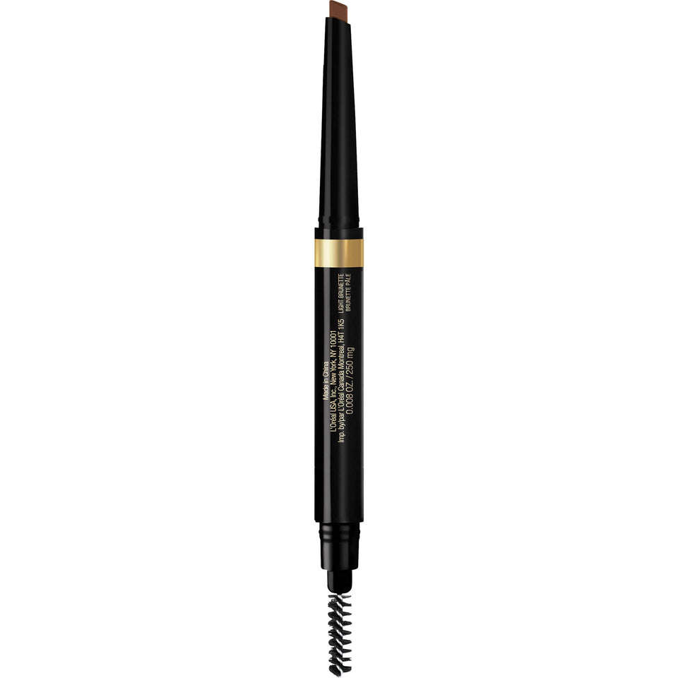 L'Oreal Paris pencil front view showing compact design and spoolie benefit