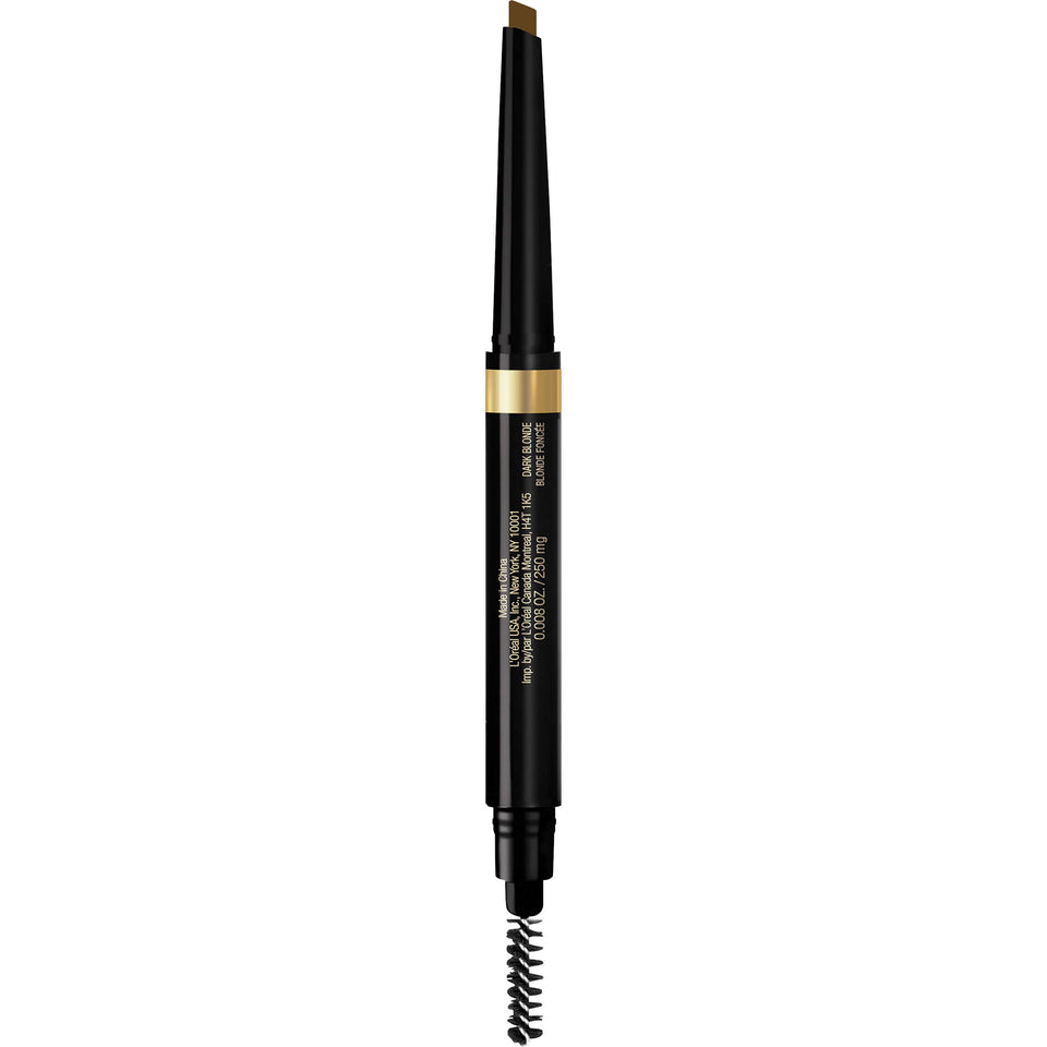 L'Oreal Paris brow pencil front view showing slim mechanical design and shade