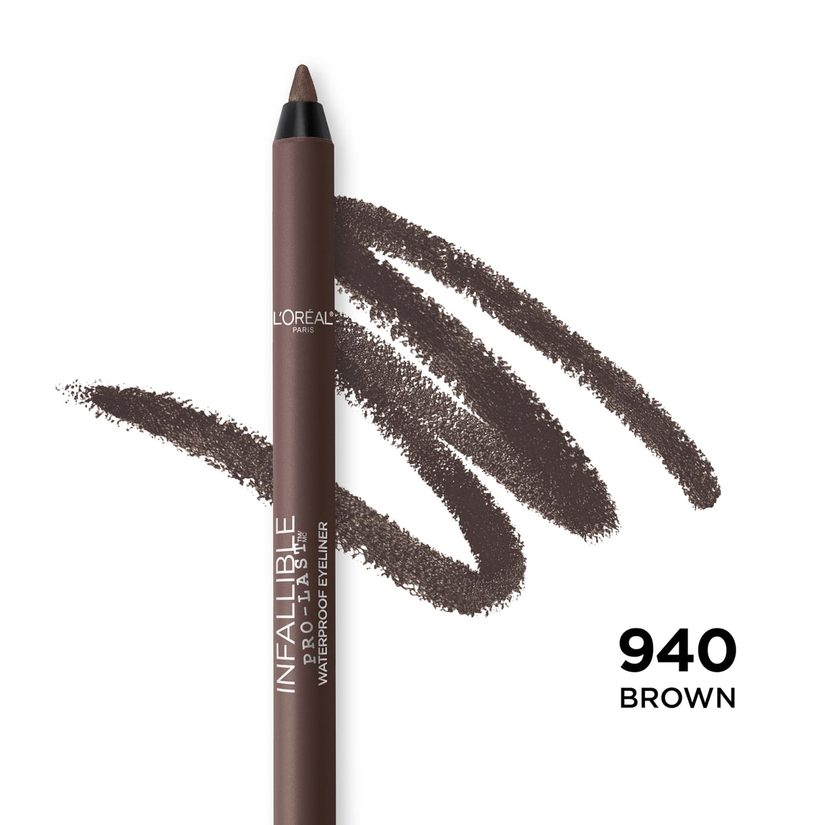 L'Oreal Paris brown pencil tip close-up showing smooth glide and creamy texture