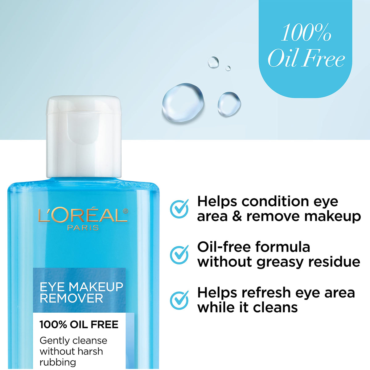L'Oreal Paris bottle dispensing remover onto cotton pad demonstrating fast makeup removal and gentle conditioning