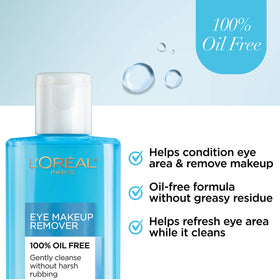 L'Oreal Paris bottle dispensing remover onto cotton pad demonstrating fast makeup removal and gentle conditioning