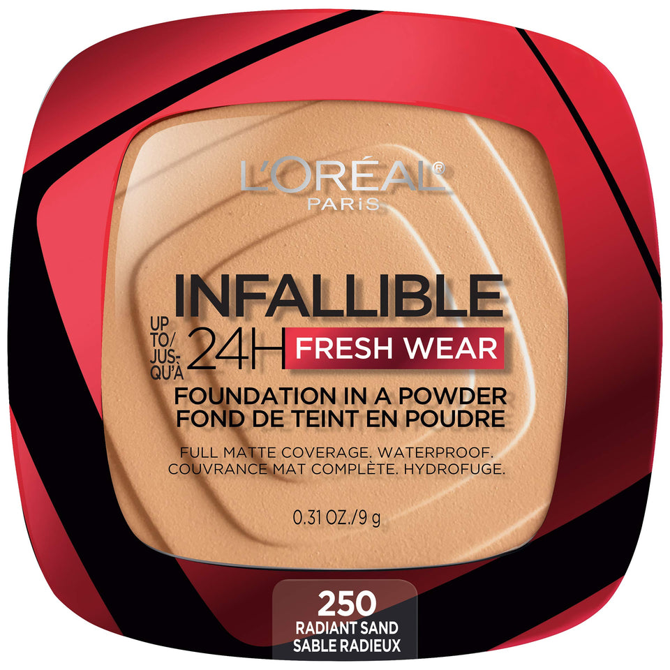 L'Oreal Paris compact front packaging showing Radiant Sand shade and lasting formula