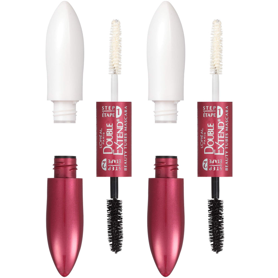 L'Oreal Paris front packaging showing dual-ended lengthening mascara and benefits