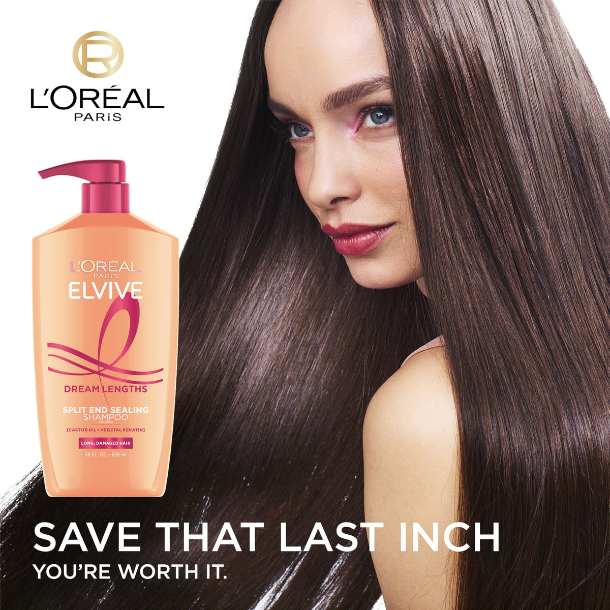 Close-up pump dispensing L'Oreal Paris Dream Lengths shampoo for easy application