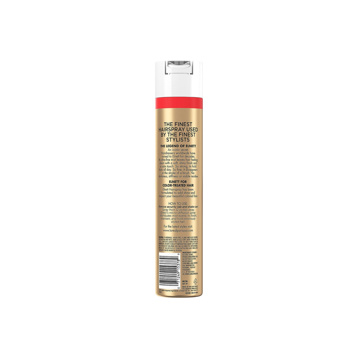 L'Oreal Paris Elnett 11 oz can beside a ruler to show product size and portability