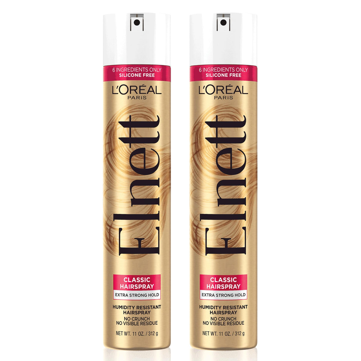 L'Oreal Paris Elnett front packaging showing twin 11 oz cans and label benefits