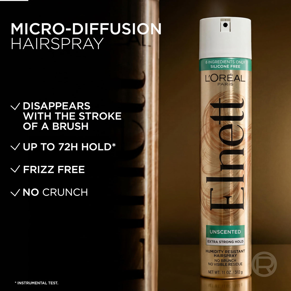 L'Oreal Paris Elnett micro-mist close-up showing fine even spray