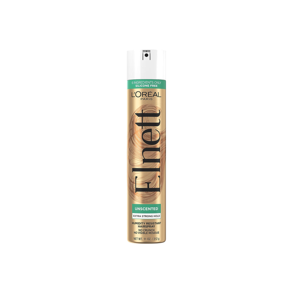 L'Oreal Paris Elnett unscented front packaging showing 11 oz can and label benefit