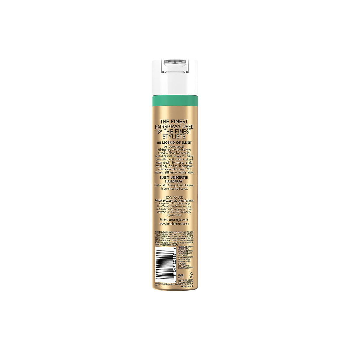 L'Oreal Paris Elnett unscented ingredient panel label showing simple six-ingredient formula
