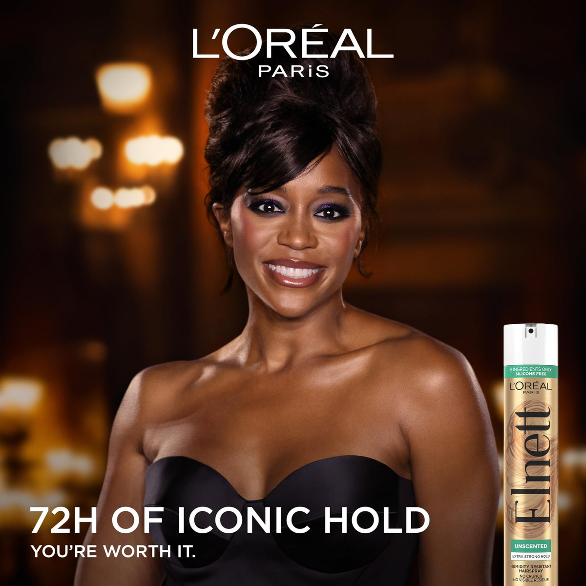 L'Oreal Paris Elnett side label close-up highlighting usage benefits
