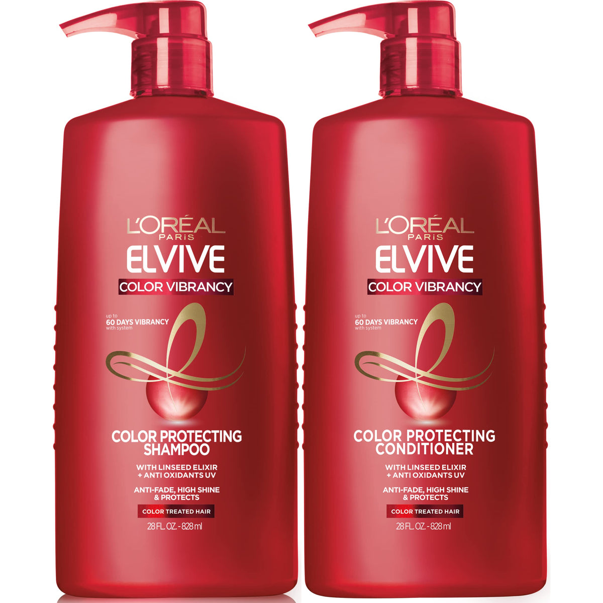L'Oreal Paris Elvive front packaging showing full shampoo and conditioner set and benefits
