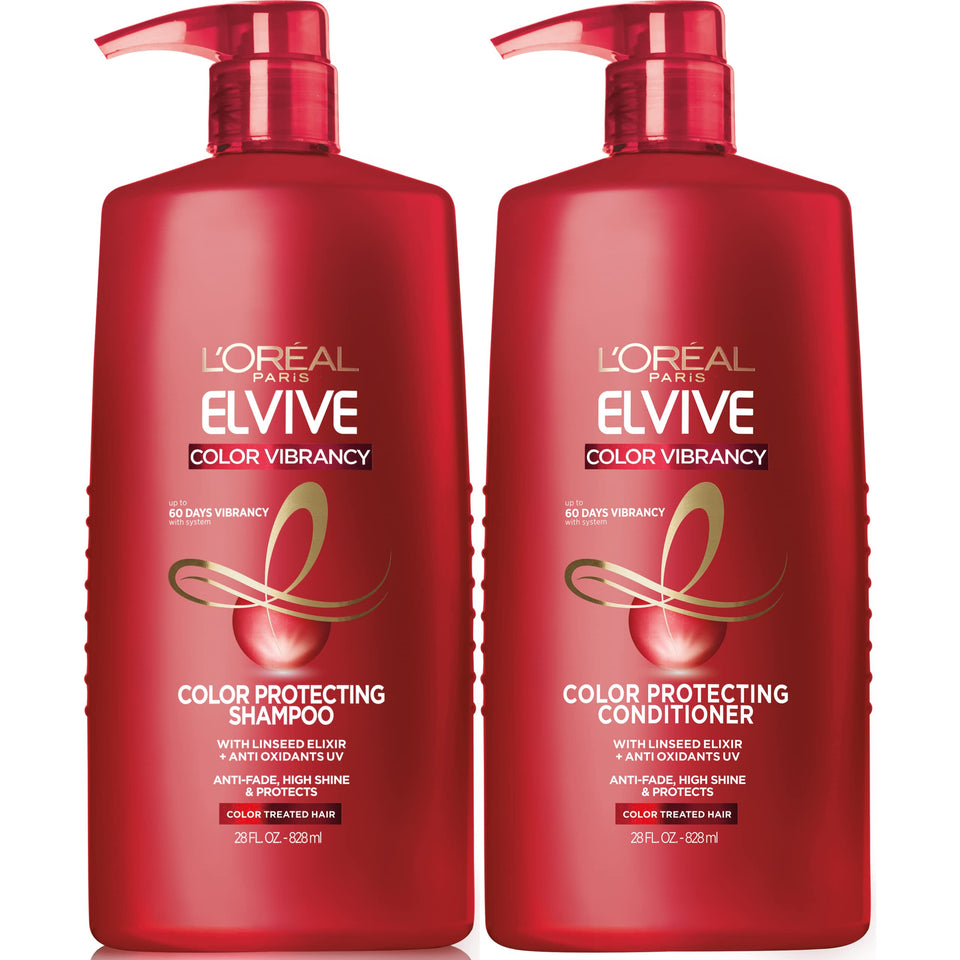 L'Oreal Paris Elvive front packaging showing full shampoo and conditioner set and benefits