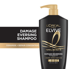 L'Oreal Paris shampoo pump close-up showing easy dispensing and user convenience