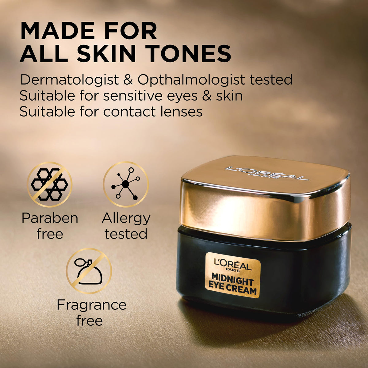 L'Oreal Paris applying eye cream at night demonstrating gentle application benefit