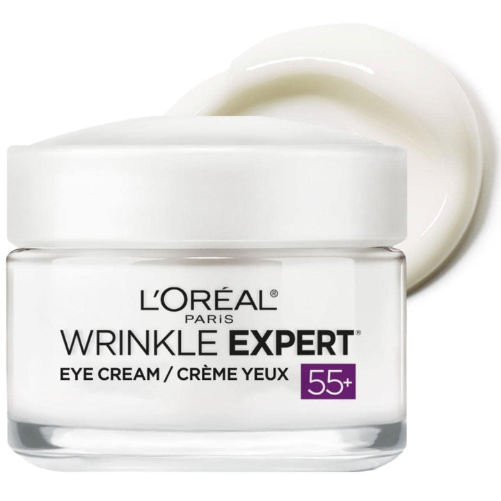 L'Oreal Paris eye cream jar front view showing compact design and easy application benefit