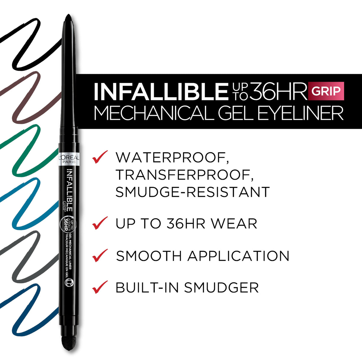 L'Oreal Paris eyeliner on vanity with makeup showing longwear confidence