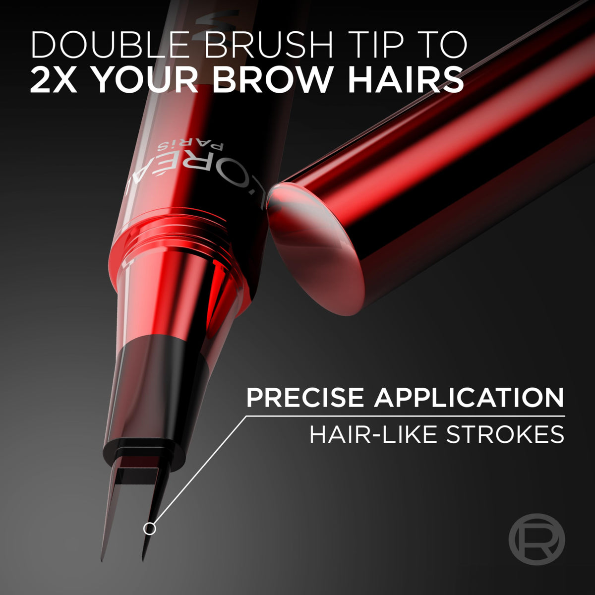 L'Oreal Paris close-up of double-brush tip demonstrating precise hair-like strokes and control