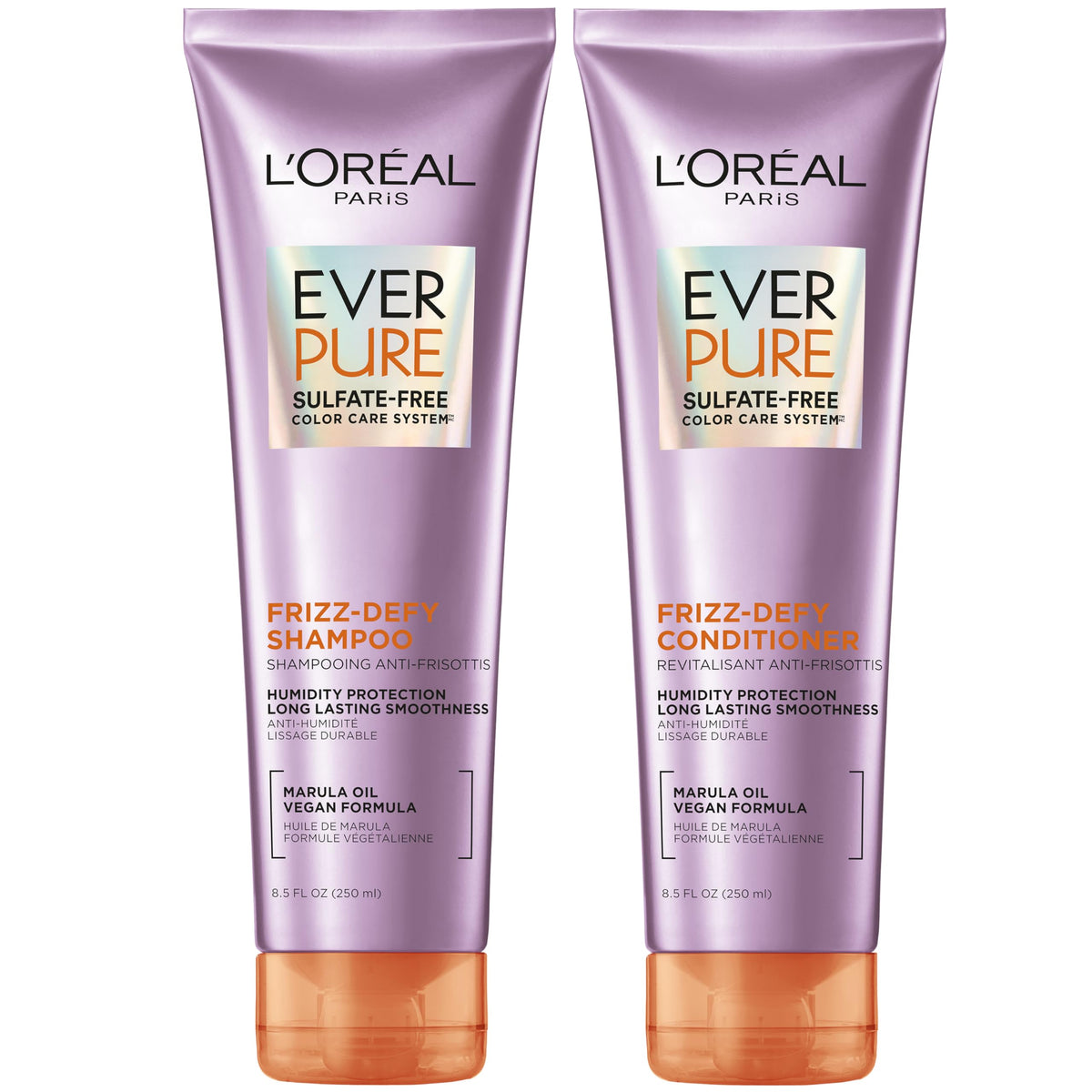 L'Oreal Paris front packaging showing the frizz-defy shampoo and conditioner set benefit for frizz control