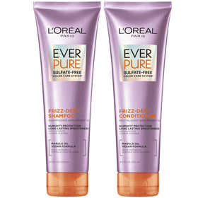 L'Oreal Paris front packaging showing the frizz-defy shampoo and conditioner set benefit for frizz control