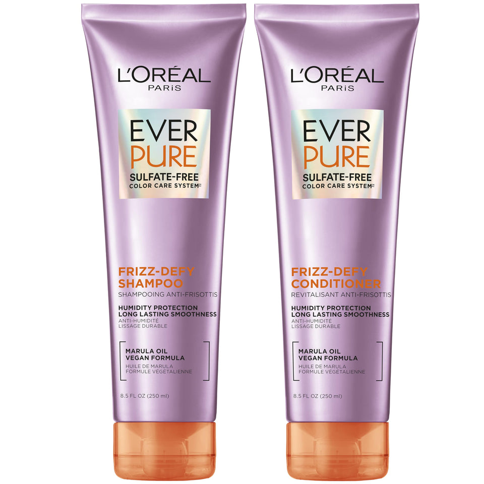 L'Oreal Paris front packaging showing the frizz-defy shampoo and conditioner set benefit for frizz control