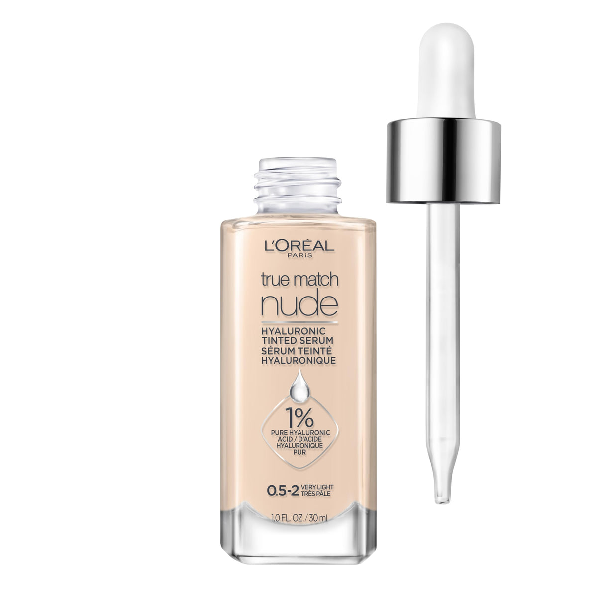 L'Oreal Paris front bottle showing Very Light shade and luminous finish benefit