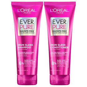 L'Oreal Paris front packaging showing EverPure Iron Sleek set and sleek benefit