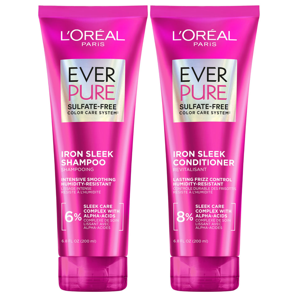 L'Oreal Paris front packaging showing EverPure Iron Sleek set and sleek benefit