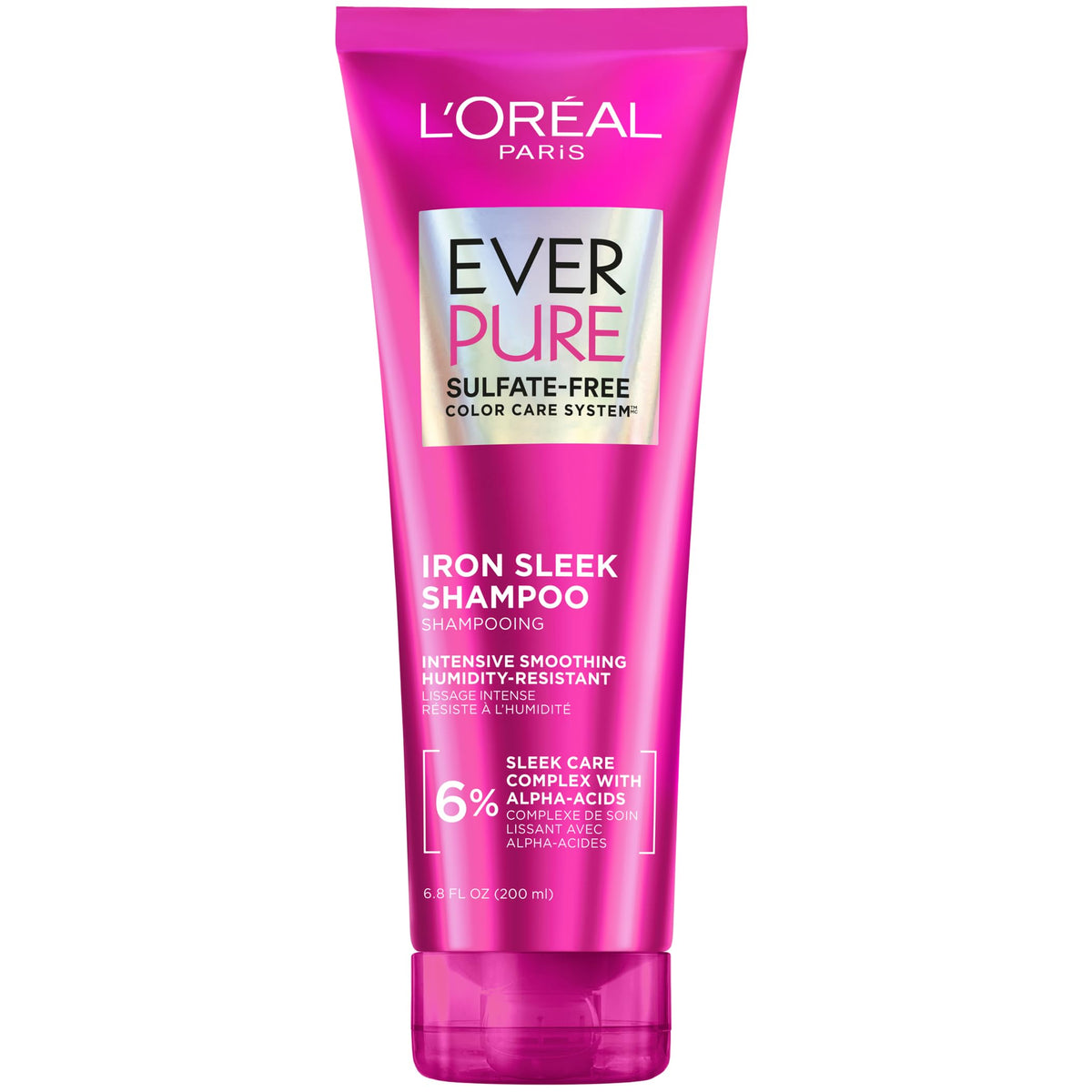L'Oreal Paris front packaging of Iron Sleek shampoo shows product benefits