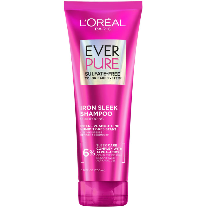 L'Oreal Paris front packaging of Iron Sleek shampoo shows product benefits