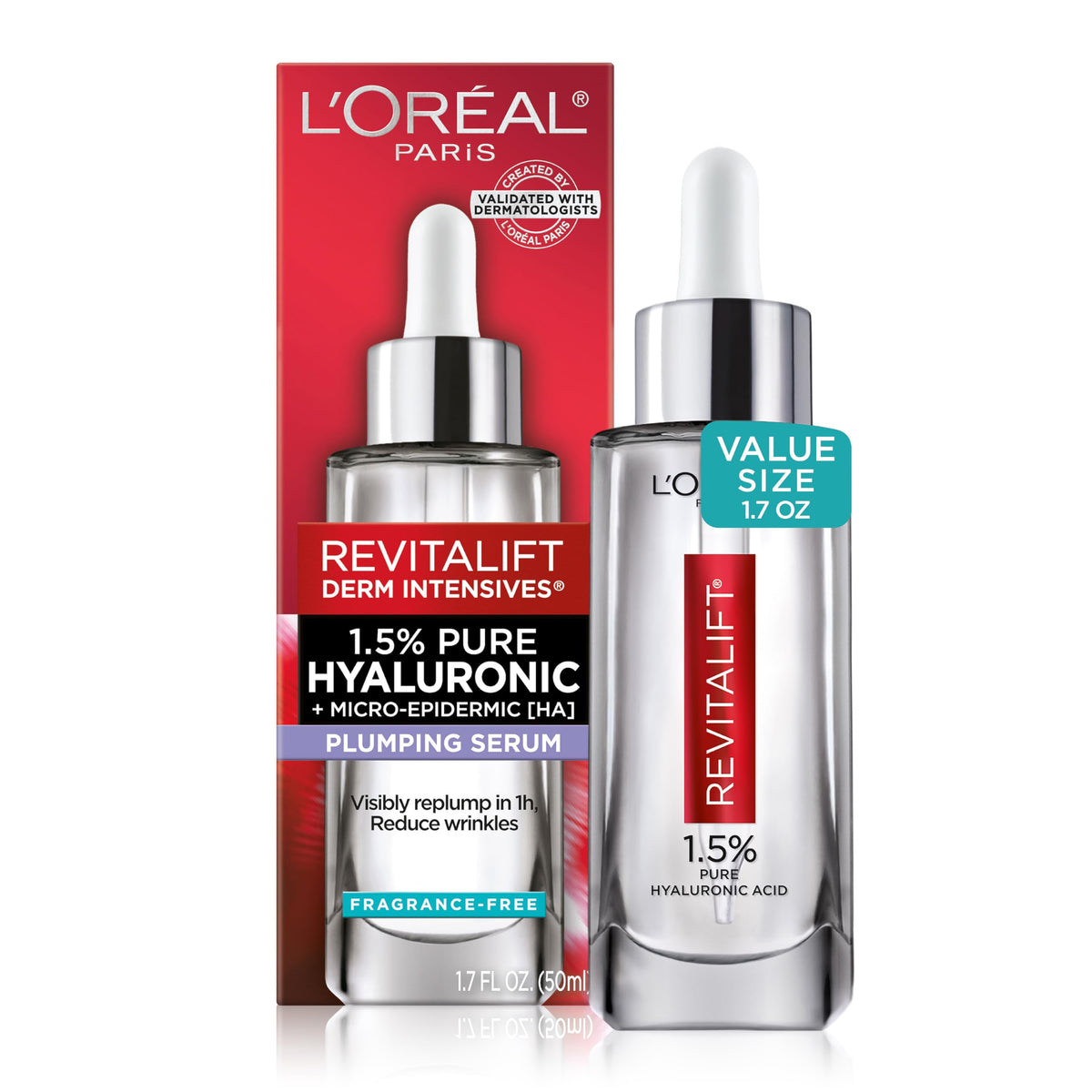 L'Oreal Paris front packaging showing bottle and box promoting hydration