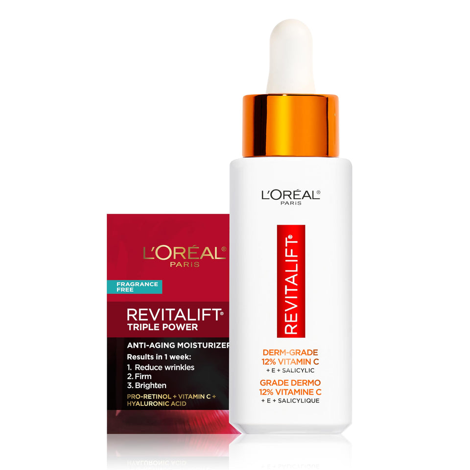 L'Oreal Paris front packaging showing bottle and box, highlights product benefits