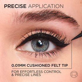L'Oreal Paris micro-tip close-up showing 0.01 mm felt tip for precise lines