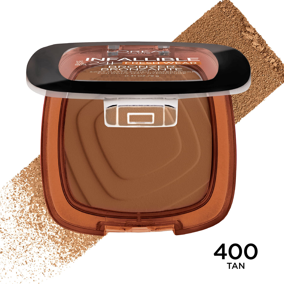 L'Oreal Paris bronzer brush swipe showing blendable texture and buildable coverage benefits